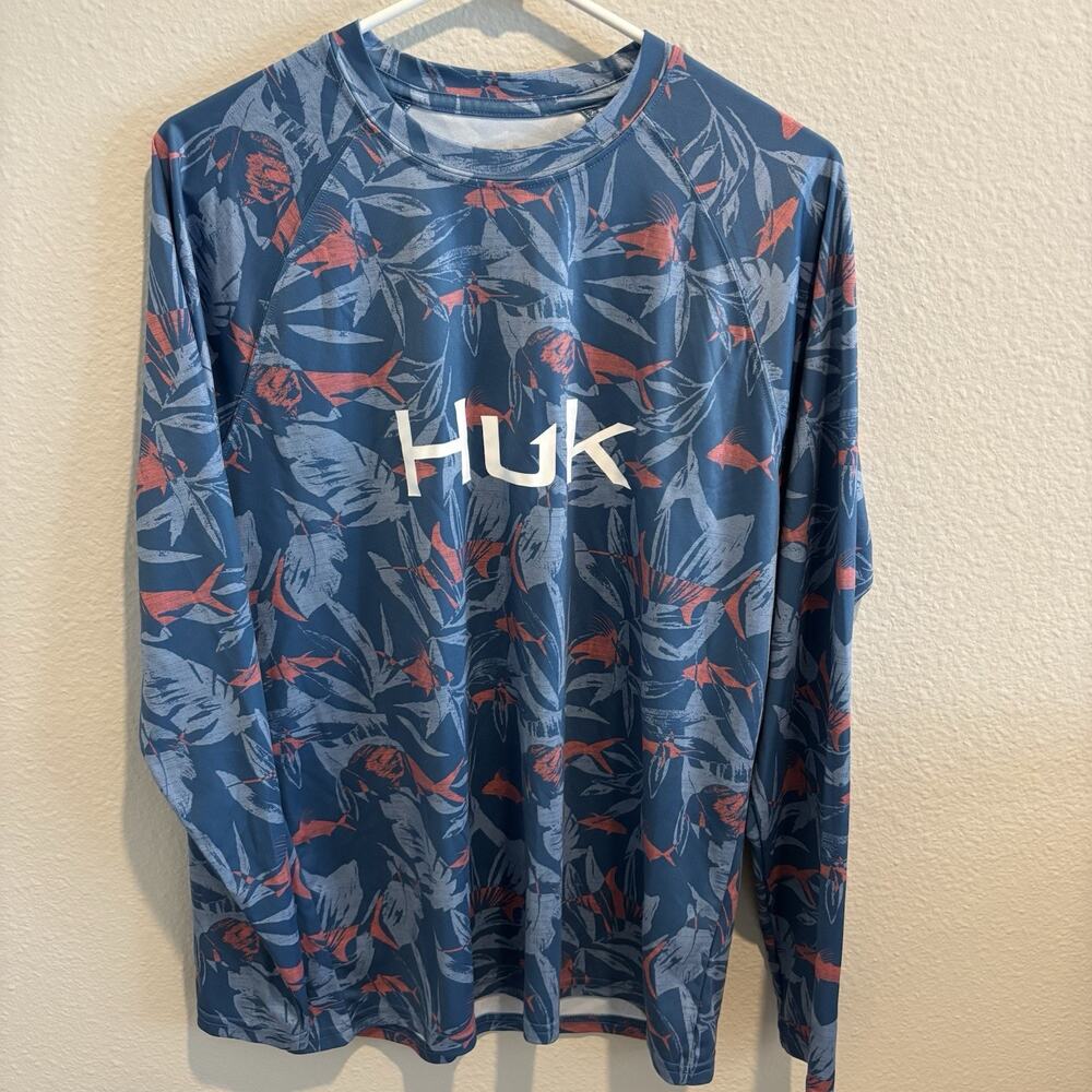 Huk Ocean Palm Pursuit Fishing Shirt Long Sleeves Outdoor UPF 30 Blue Small